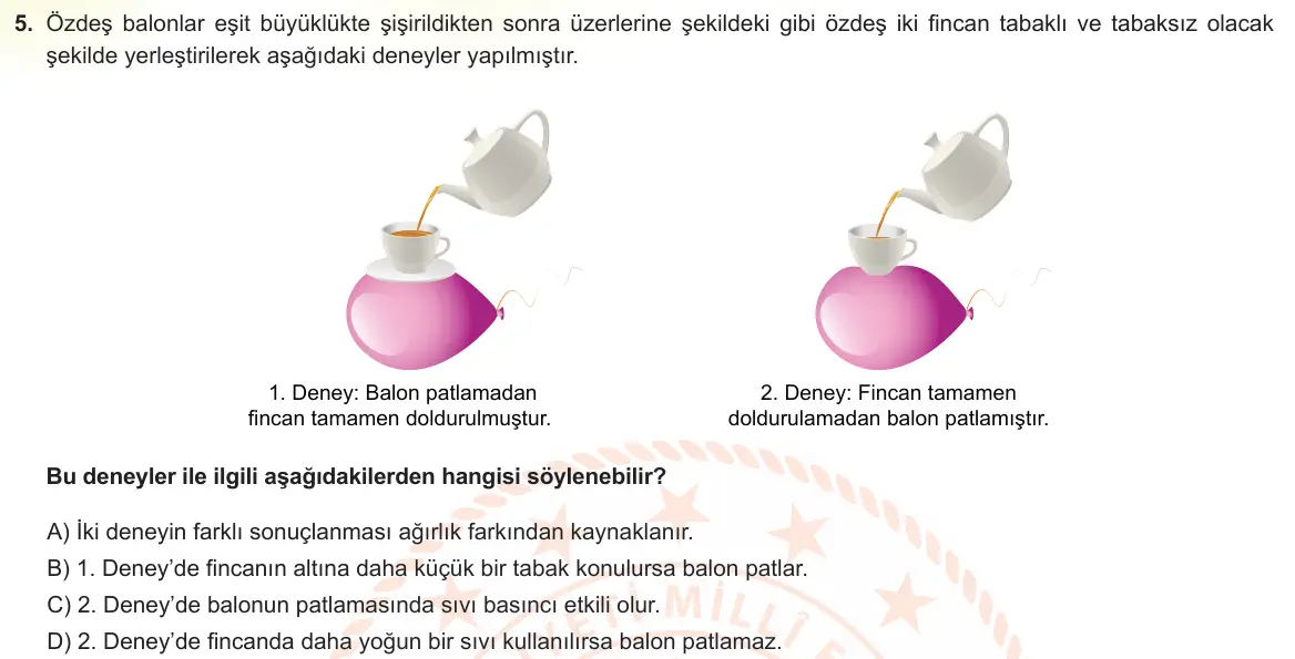 LGS Örnek Soruları Aralık 2021 Sayısal Fen Bilimleri 5. Soru görseli