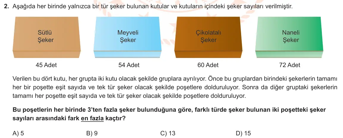 LGS Örnek Soruları Aralık 2021 Sayısal Matematik 2. Soru görseli