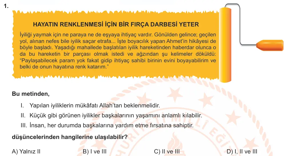 LGS Örnek Soruları Aralık 2021 Sözel Din Kültürü ve Ahlak Bilgisi 1. Soru görseli