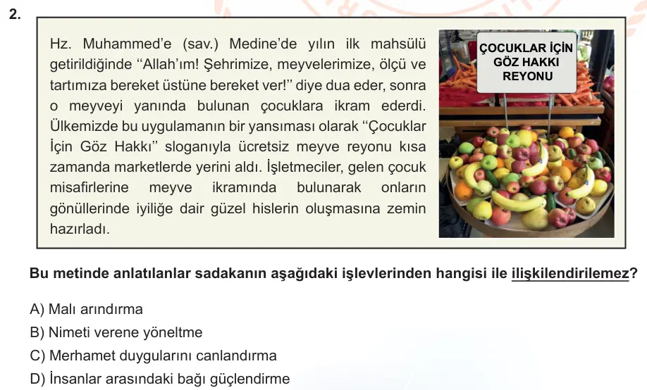 LGS Örnek Soruları Aralık 2021 Sözel Din Kültürü ve Ahlak Bilgisi 2. Soru görseli