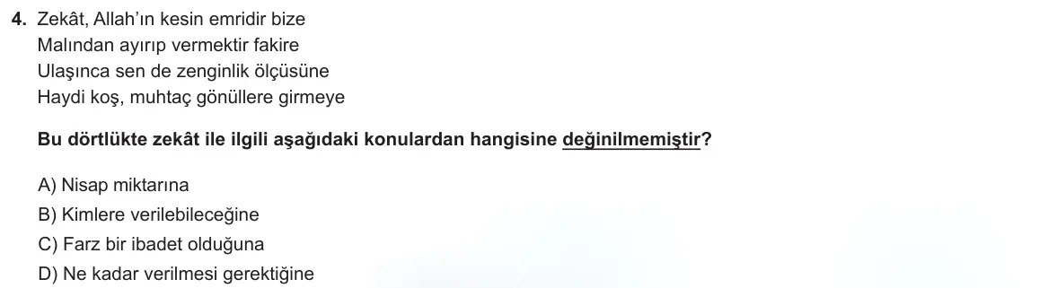 LGS Örnek Soruları Aralık 2021 Sözel Din Kültürü ve Ahlak Bilgisi 4. Soru görseli