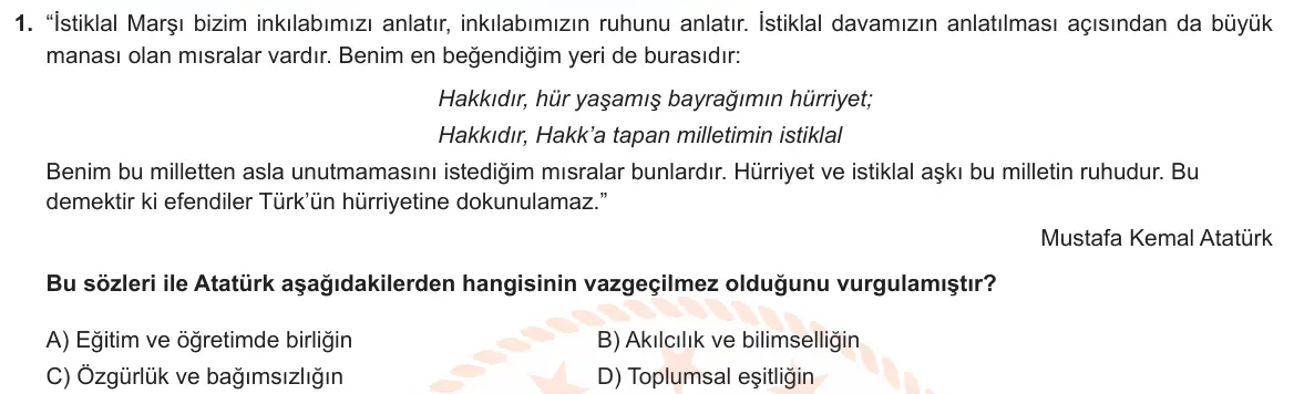 LGS Örnek Soruları Aralık 2021 Sözel T.C. İnkılap Tarihi ve Atatürkçülük 1. Soru görseli
