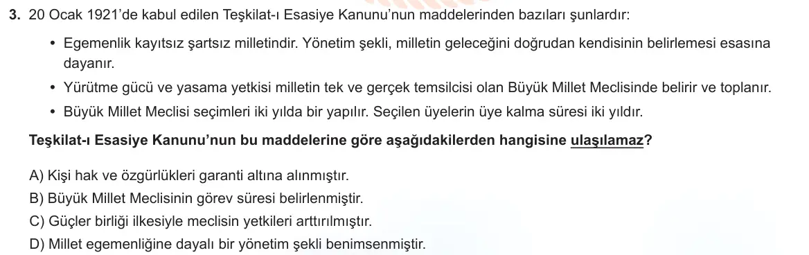 LGS Örnek Soruları Aralık 2021 Sözel T.C. İnkılap Tarihi ve Atatürkçülük 3. Soru görseli