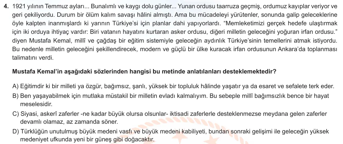 LGS Örnek Soruları Aralık 2021 Sözel T.C. İnkılap Tarihi ve Atatürkçülük 4. Soru görseli