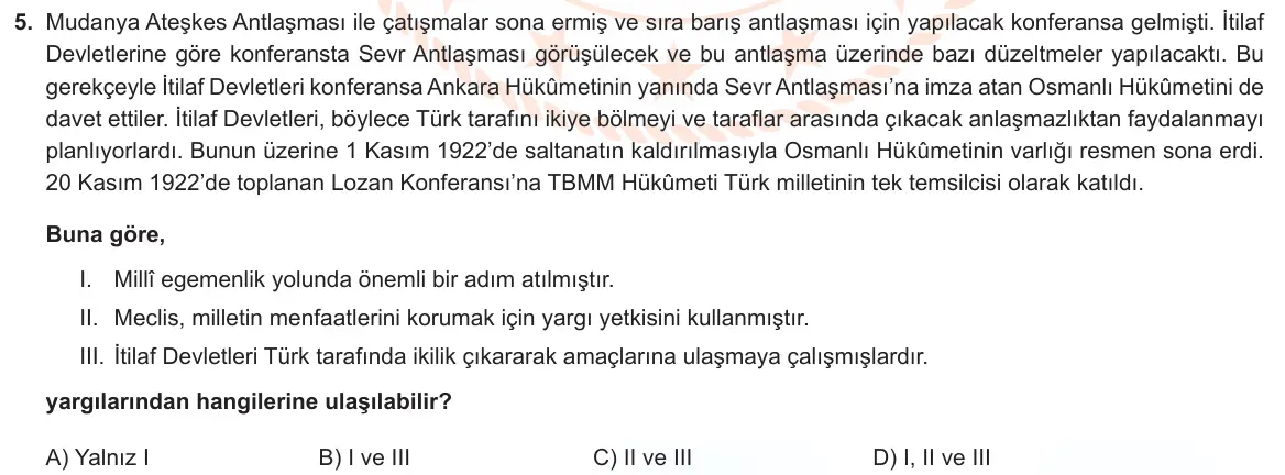 LGS Örnek Soruları Aralık 2021 Sözel T.C. İnkılap Tarihi ve Atatürkçülük 5. Soru görseli