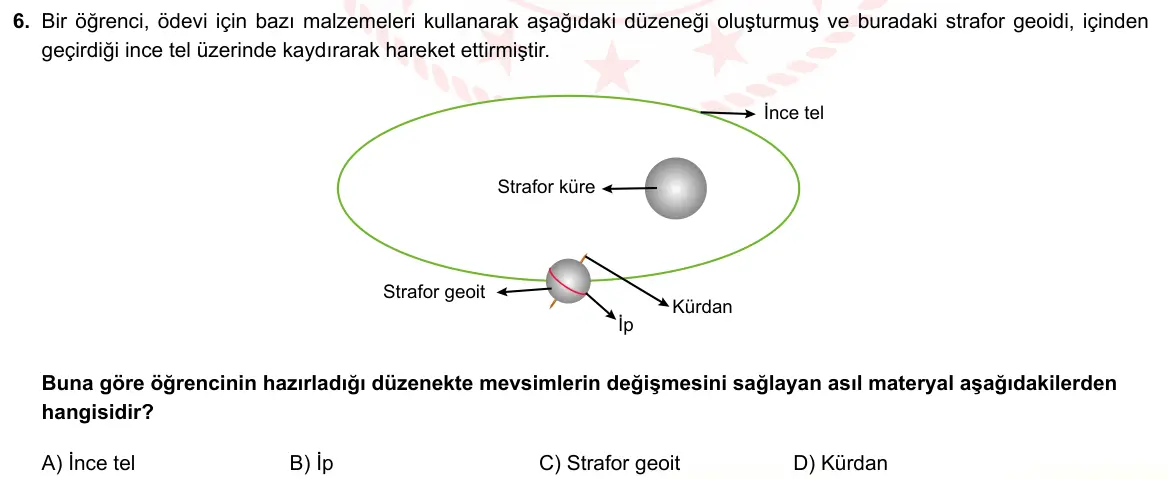 LGS Örnek Soruları Ekim 2021 Sayısal Fen Bilimleri 6. Soru görseli