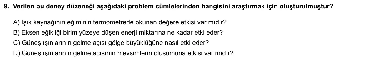 LGS Örnek Soruları Ekim 2021 Sayısal Fen Bilimleri 9. Soru görseli