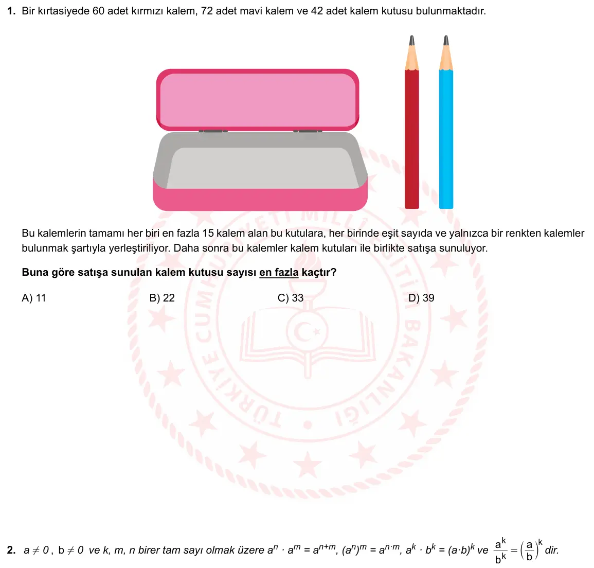 LGS Örnek Soruları Ekim 2021 Sayısal Matematik 1. Soru görseli