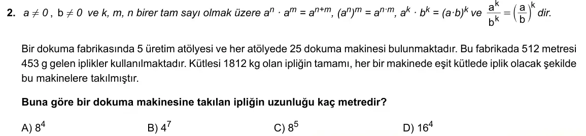 LGS Örnek Soruları Ekim 2021 Sayısal Matematik 2. Soru görseli