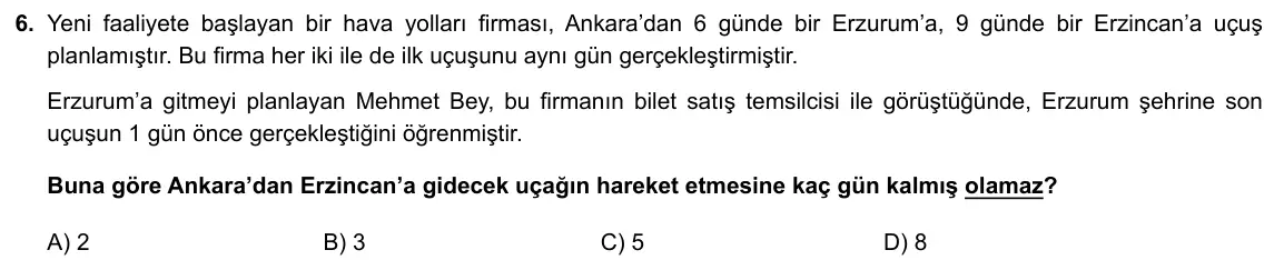 LGS Örnek Soruları Ekim 2021 Sayısal Matematik 6. Soru görseli