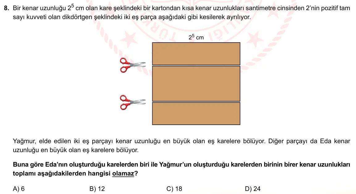LGS Örnek Soruları Ekim 2021 Sayısal Matematik 8. Soru görseli
