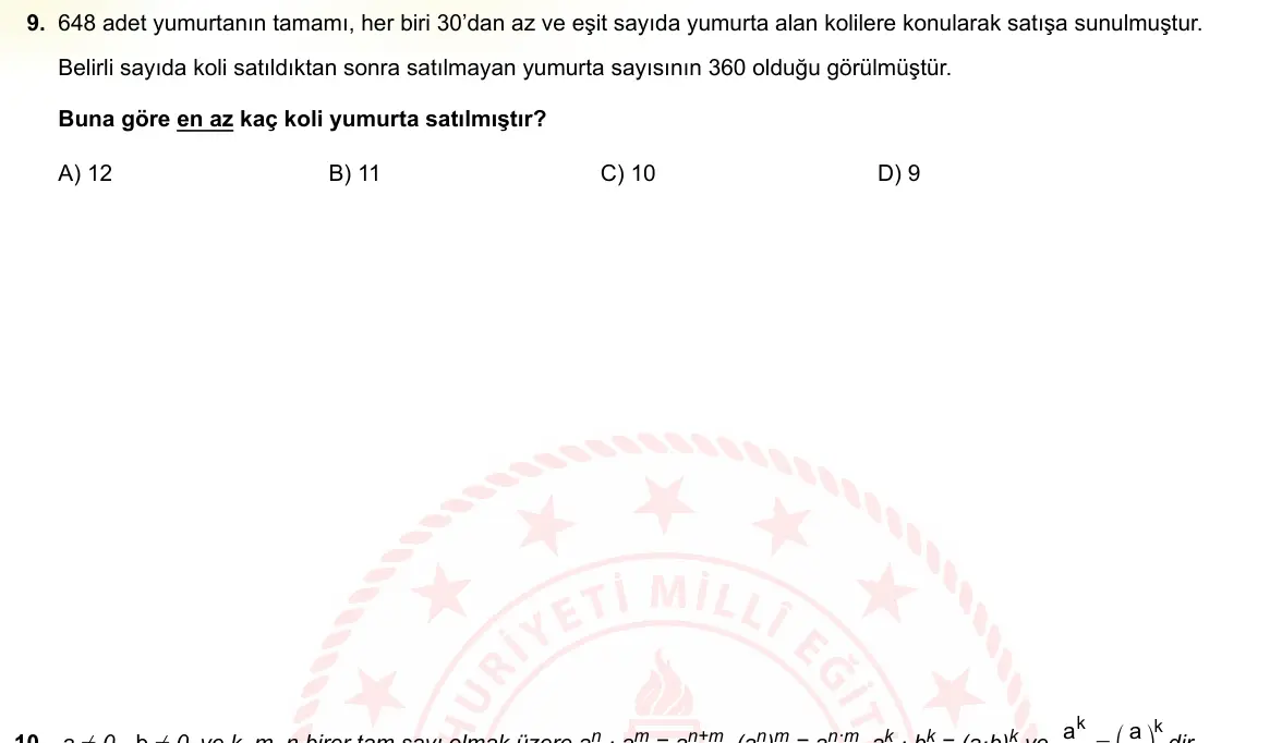 LGS Örnek Soruları Ekim 2021 Sayısal Matematik 9. Soru görseli