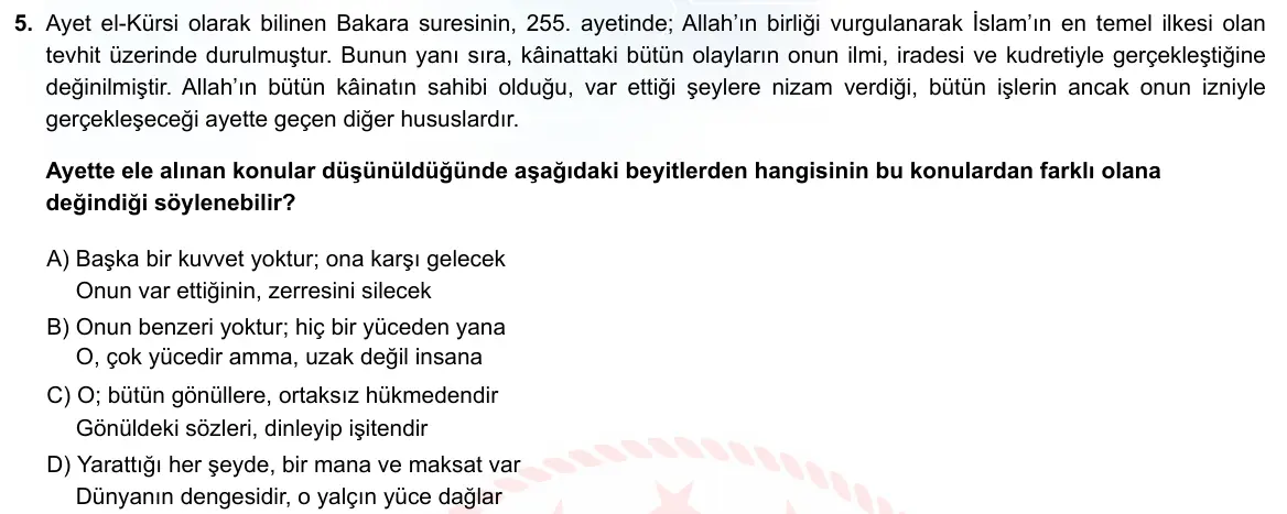 LGS Örnek Soruları Ekim 2021 Sözel Din Kültürü ve Ahlak Bilgisi 5. Soru görseli