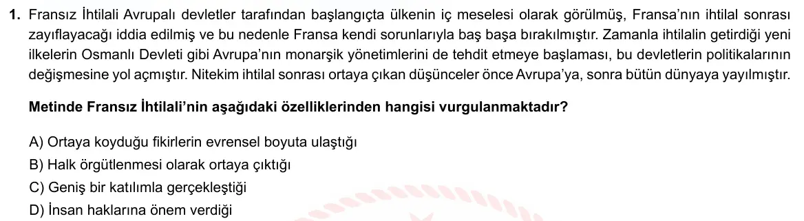 LGS Örnek Soruları Ekim 2021 Sözel T.C. İnkılap Tarihi ve Atatürkçülük 1. Soru görseli