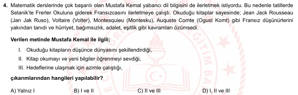 LGS Örnek Soruları Ekim 2021 Sözel T.C. İnkılap Tarihi ve Atatürkçülük 4. Soru görseli