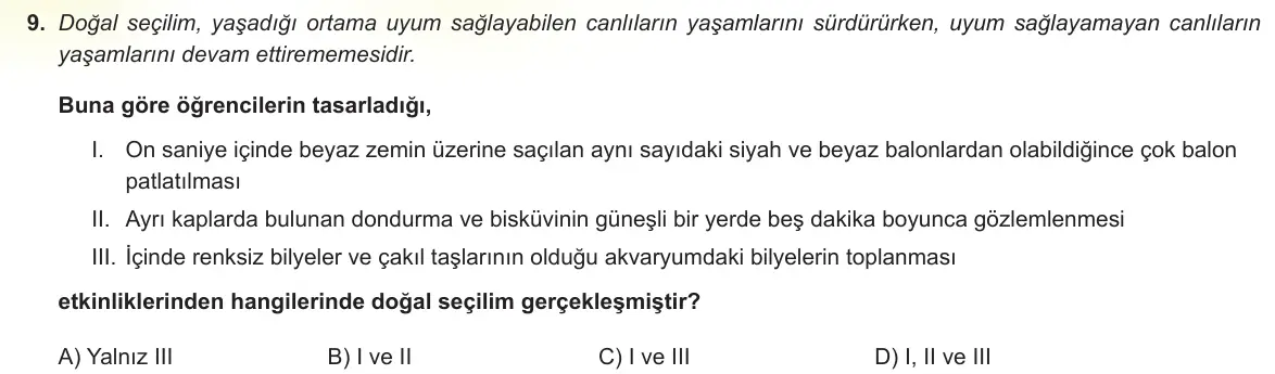 LGS Örnek Soruları Kasım 2021 Sayısal Fen Bilimleri 9. Soru görseli