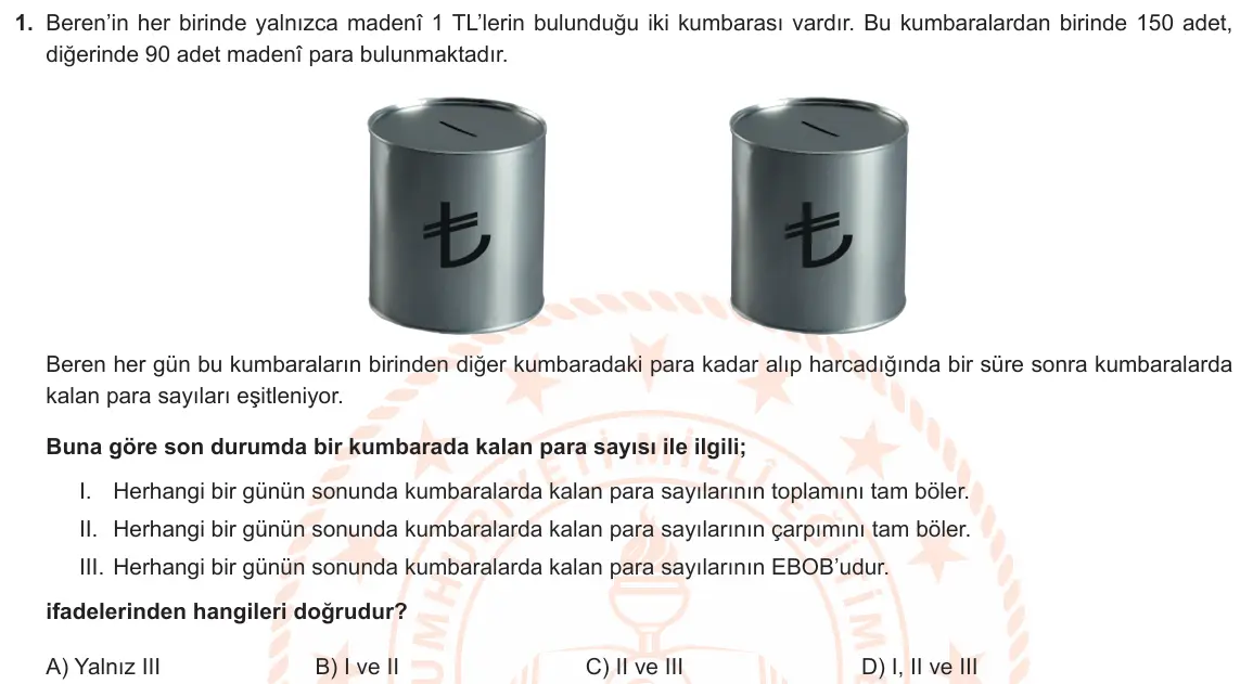 LGS Örnek Soruları Kasım 2021 Sayısal Matematik 1. Soru görseli