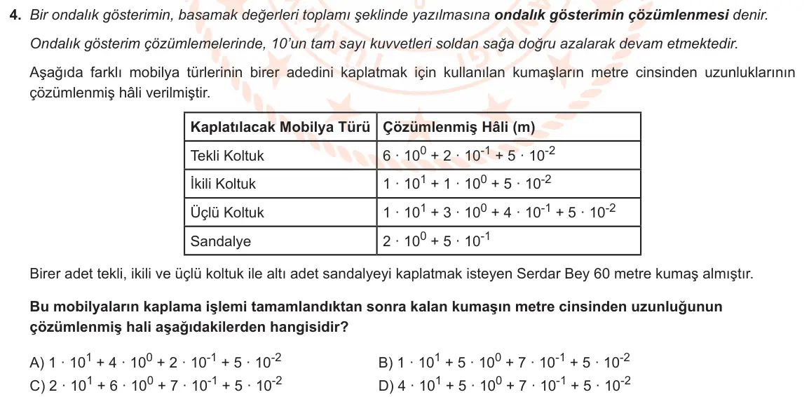LGS Örnek Soruları Kasım 2021 Sayısal Matematik 4. Soru görseli