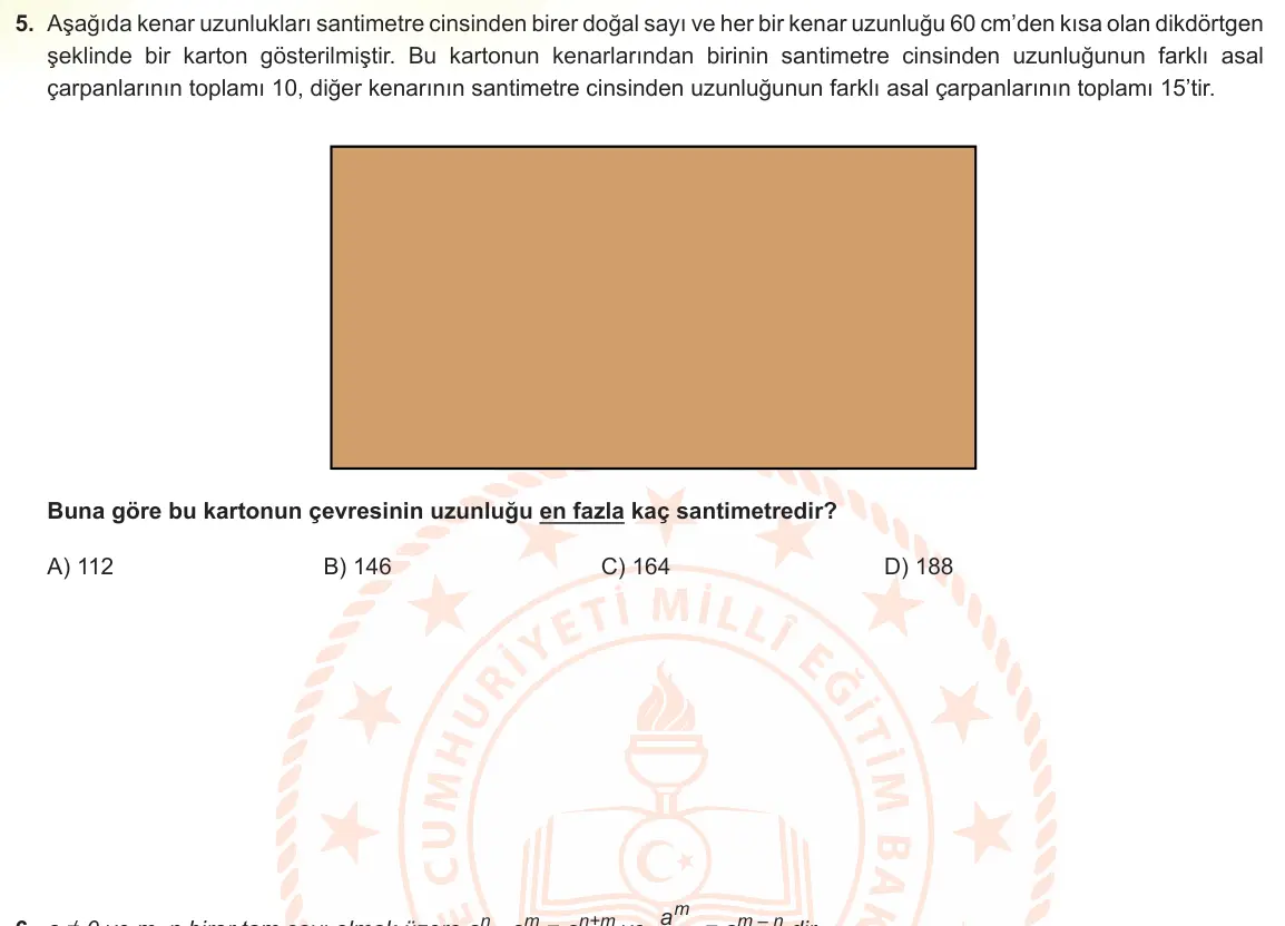 LGS Örnek Soruları Kasım 2021 Sayısal Matematik 5. Soru görseli