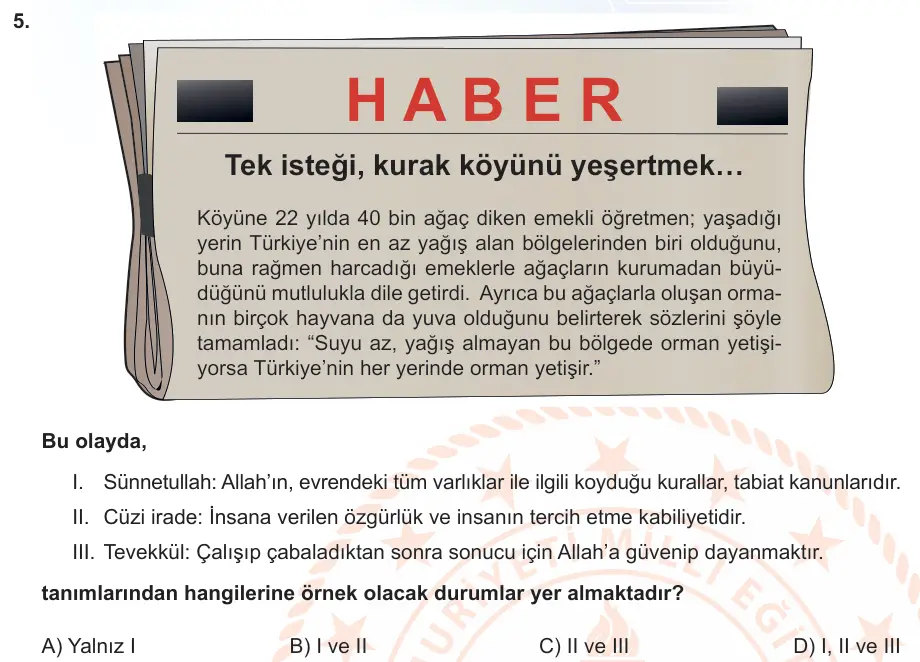 LGS Örnek Soruları Kasım 2021 Sözel Din Kültürü ve Ahlak Bilgisi 5. Soru görseli