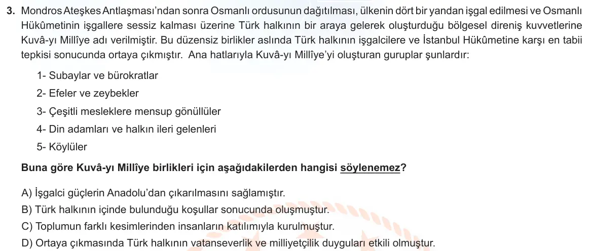 LGS Örnek Soruları Kasım 2021 Sözel T.C. İnkılap Tarihi ve Atatürkçülük 3. Soru görseli