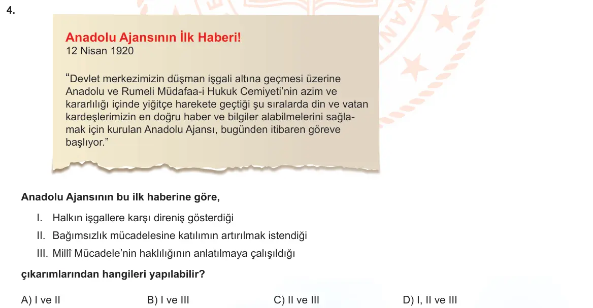 LGS Örnek Soruları Kasım 2021 Sözel T.C. İnkılap Tarihi ve Atatürkçülük 4. Soru görseli