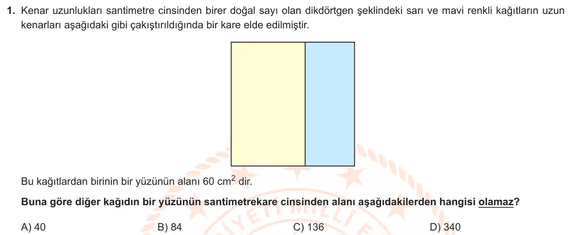 LGS Örnek Soruları Mart 2022 Sayısal Matematik 1. Soru görseli