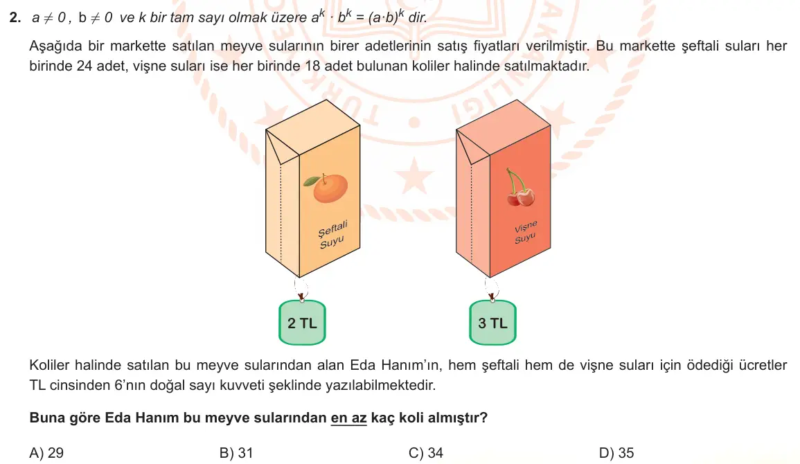 LGS Örnek Soruları Mart 2022 Sayısal Matematik 2. Soru görseli