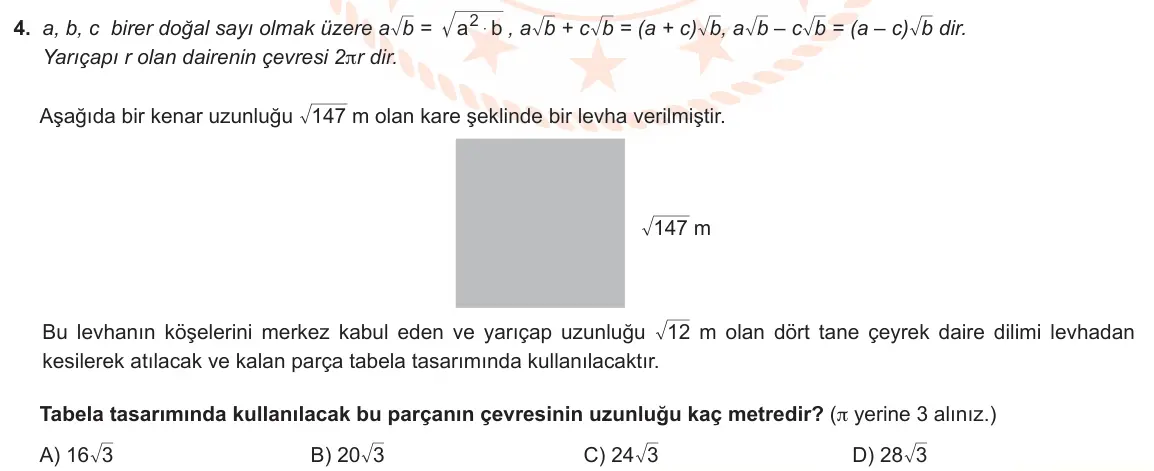 LGS Örnek Soruları Mart 2022 Sayısal Matematik 4. Soru görseli