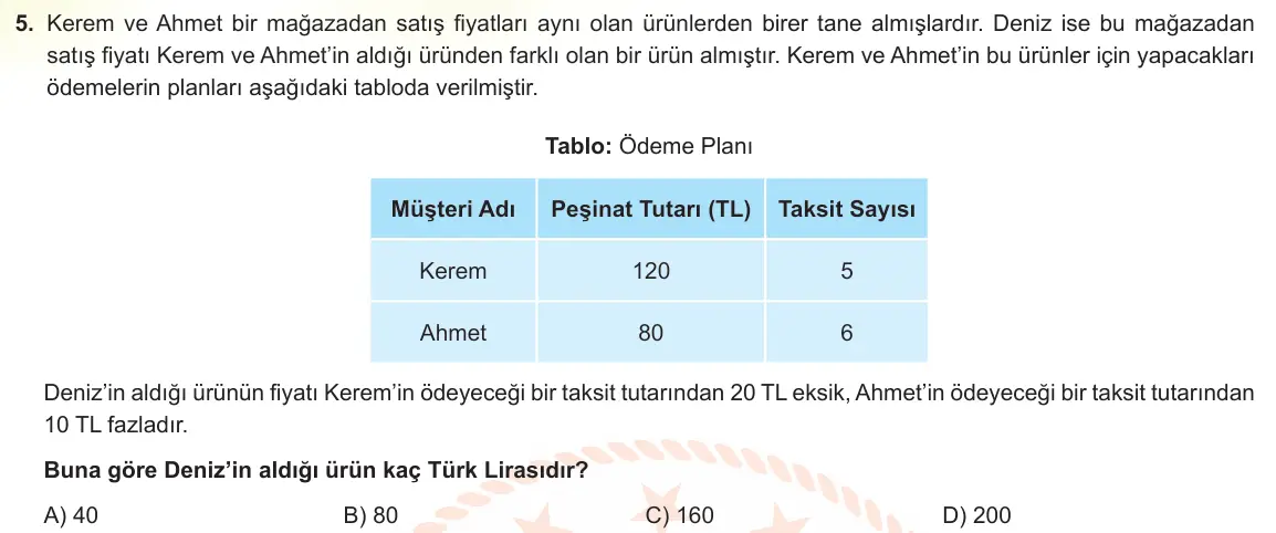 LGS Örnek Soruları Mart 2022 Sayısal Matematik 5. Soru görseli