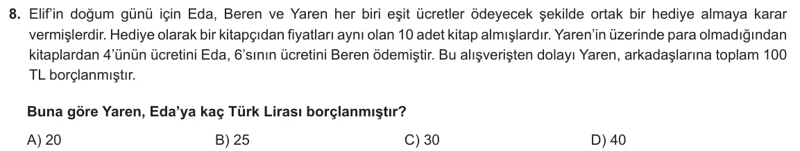 LGS Örnek Soruları Mart 2022 Sayısal Matematik 8. Soru görseli