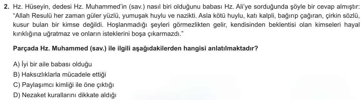 LGS Örnek Soruları Mart 2022 Sözel Din Kültürü ve Ahlak Bilgisi 2. Soru görseli