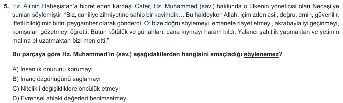 LGS Örnek Soruları Mart 2022 Sözel Din Kültürü ve Ahlak Bilgisi 5. Soru görseli