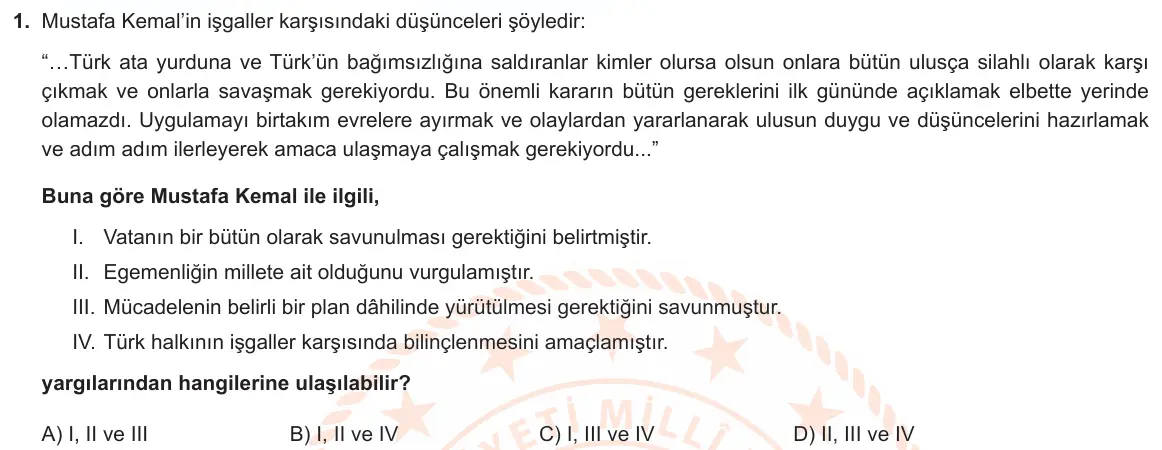 LGS Örnek Soruları Mart 2022 Sözel T.C. İnkılap Tarihi ve Atatürkçülük 1. Soru görseli
