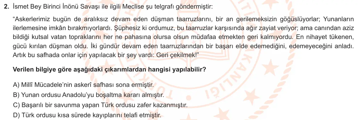 LGS Örnek Soruları Mart 2022 Sözel T.C. İnkılap Tarihi ve Atatürkçülük 2. Soru görseli