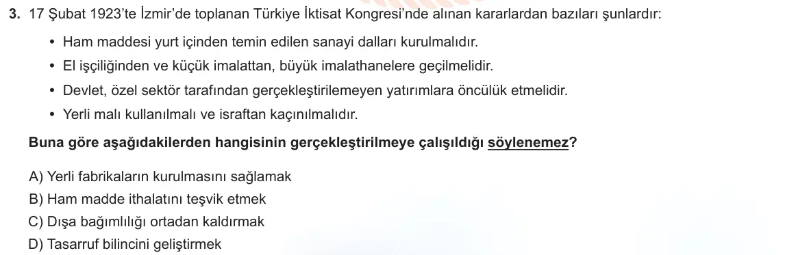 LGS Örnek Soruları Mart 2022 Sözel T.C. İnkılap Tarihi ve Atatürkçülük 3. Soru görseli