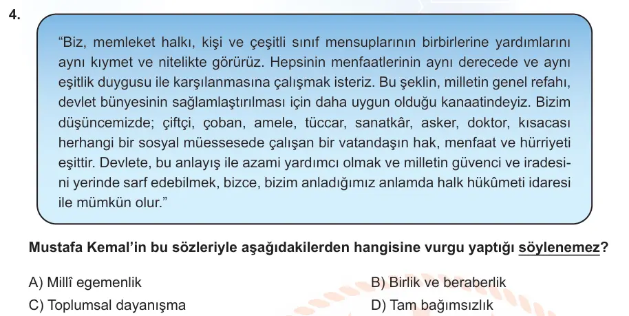 LGS Örnek Soruları Mart 2022 Sözel T.C. İnkılap Tarihi ve Atatürkçülük 4. Soru görseli