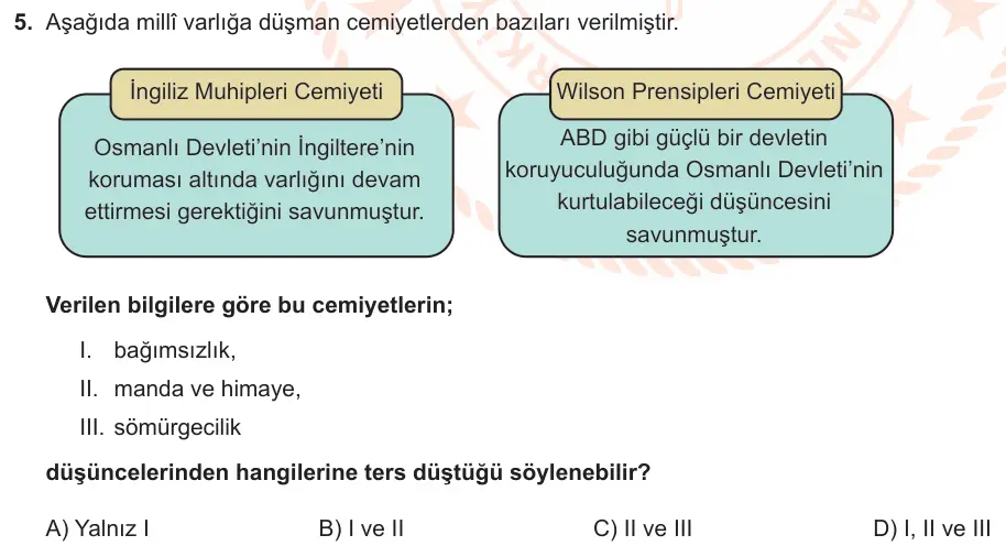 LGS Örnek Soruları Mart 2022 Sözel T.C. İnkılap Tarihi ve Atatürkçülük 5. Soru görseli