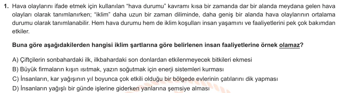 LGS Örnek Soruları Mayıs 2022 Sayısal Fen Bilimleri 1. Soru görseli