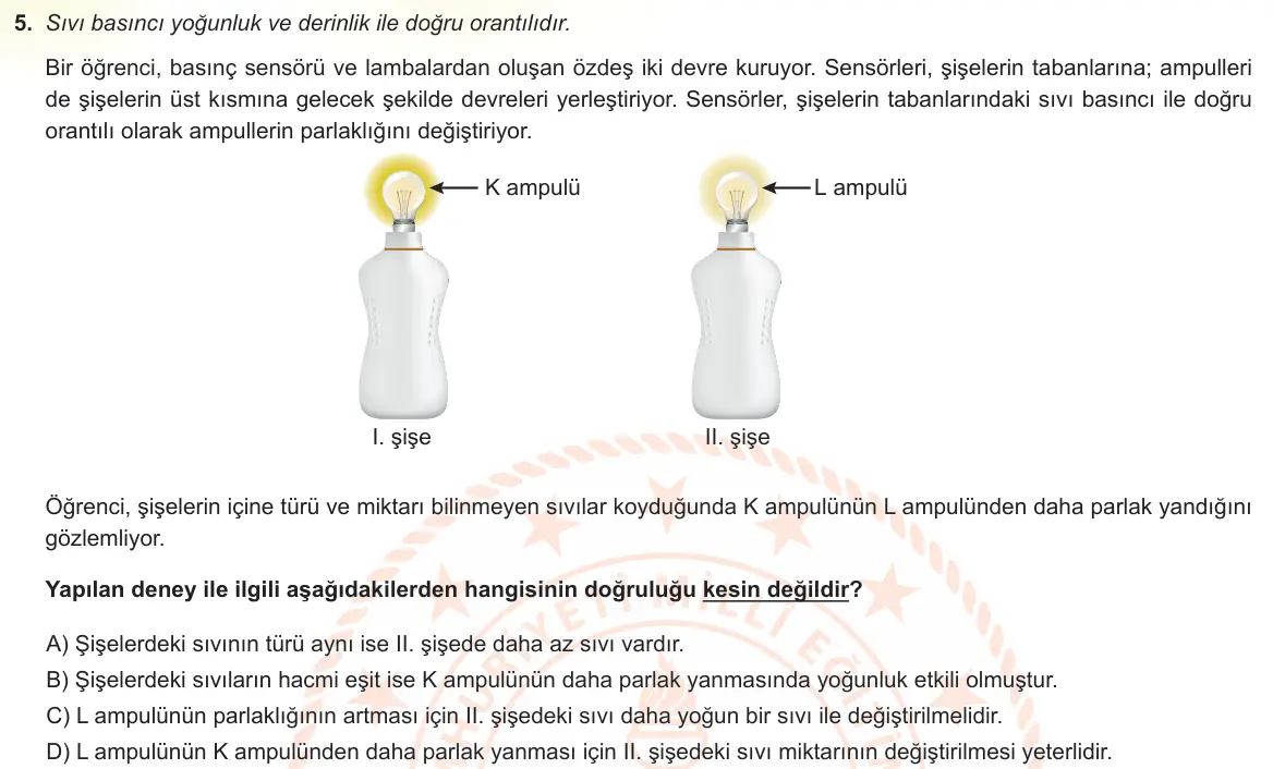 LGS Örnek Soruları Mayıs 2022 Sayısal Fen Bilimleri 5. Soru görseli