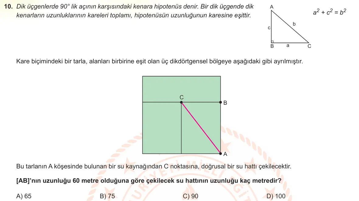 LGS Örnek Soruları Mayıs 2022 Sayısal Matematik 10. Soru görseli