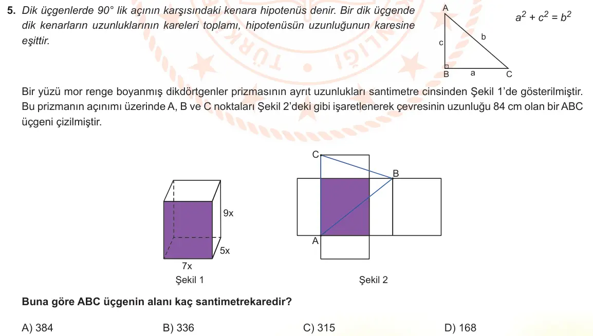 LGS Örnek Soruları Mayıs 2022 Sayısal Matematik 5. Soru görseli
