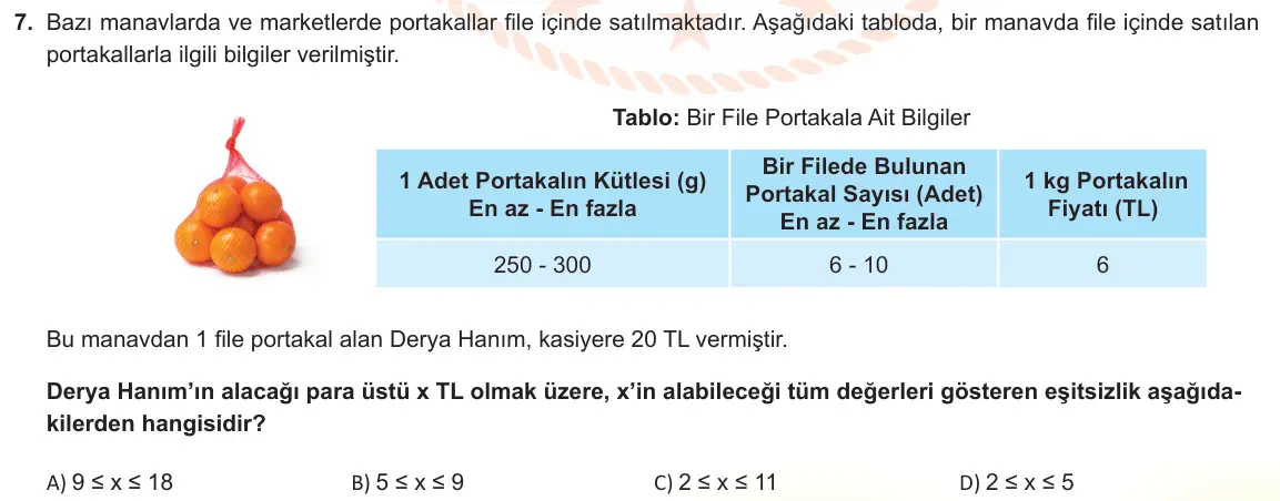LGS Örnek Soruları Mayıs 2022 Sayısal Matematik 7. Soru görseli