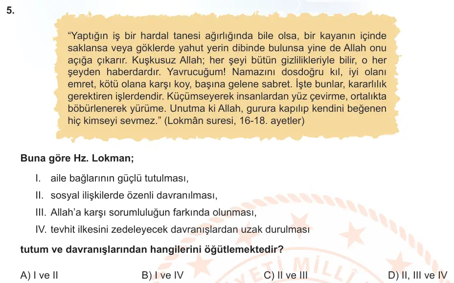 LGS Örnek Soruları Mayıs 2022 Sözel Din Kültürü ve Ahlak Bilgisi 5. Soru görseli