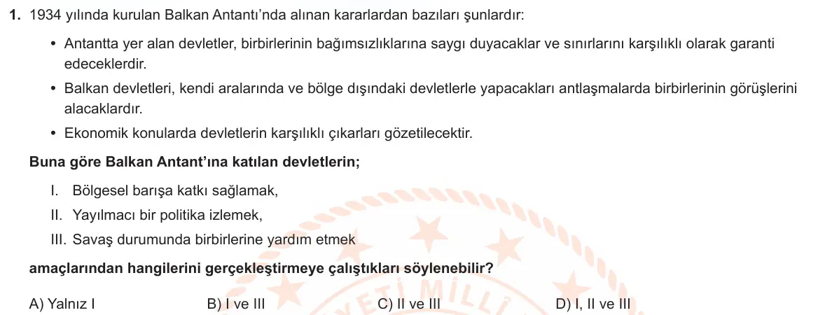 LGS Örnek Soruları Mayıs 2022 Sözel T.C. İnkılap Tarihi ve Atatürkçülük 1. Soru görseli