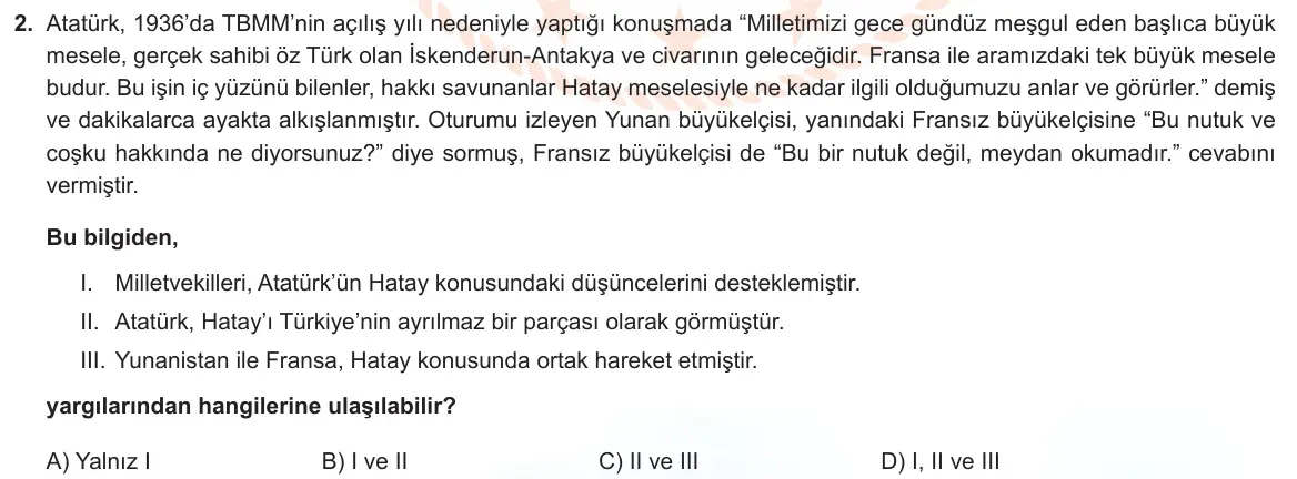 LGS Örnek Soruları Mayıs 2022 Sözel T.C. İnkılap Tarihi ve Atatürkçülük 2. Soru görseli