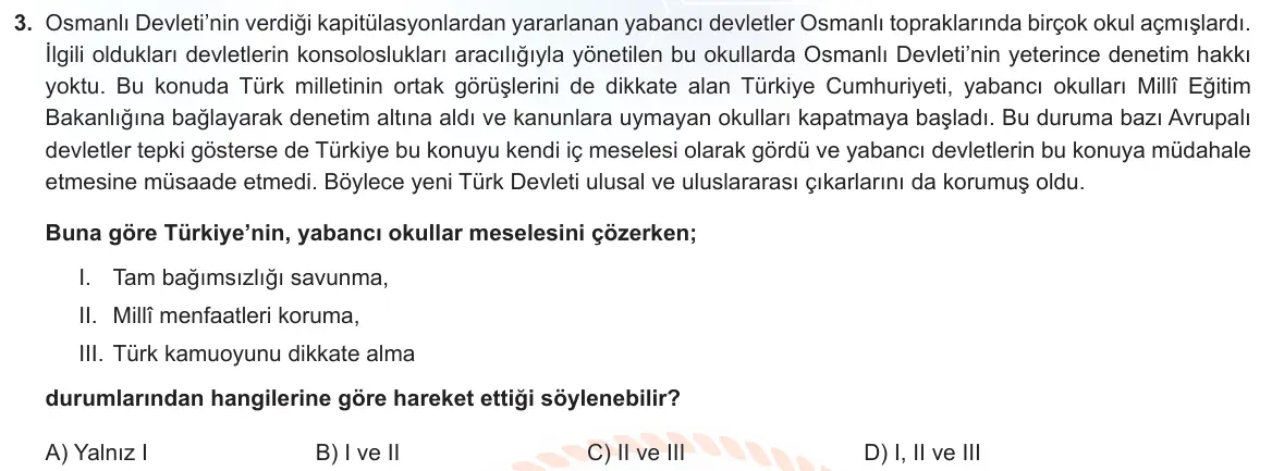 LGS Örnek Soruları Mayıs 2022 Sözel T.C. İnkılap Tarihi ve Atatürkçülük 3. Soru görseli