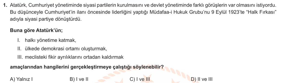 LGS Örnek Soruları Nisan 2022 Sözel T.C. İnkılap Tarihi ve Atatürkçülük 1. Soru görseli