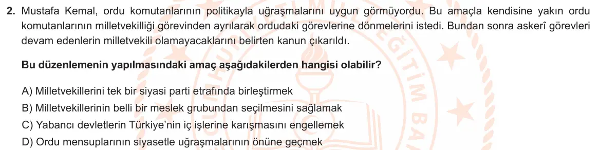 LGS Örnek Soruları Nisan 2022 Sözel T.C. İnkılap Tarihi ve Atatürkçülük 2. Soru görseli