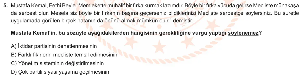 LGS Örnek Soruları Nisan 2022 Sözel T.C. İnkılap Tarihi ve Atatürkçülük 5. Soru görseli